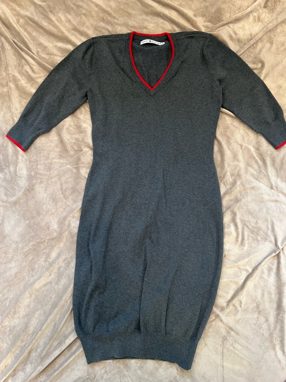 Tommy Hilfiger Charcoal V-Neck Sweater with Red Trim